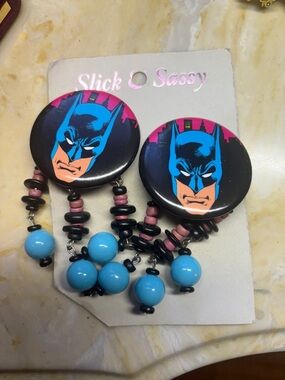 1989 Vintage DC Batman Pop Art Drop Earrings - Black, Blue, Pink